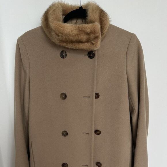 Vintage Jil Sander Wool Coat size DE 36 Camel w/ Fur Collar Double Breasted - Picture 4 of 10